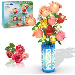 Flowers Bouquet Building Set with Vase & LED Light, 747PCS Flowers Botanical Mini Building Blocks Toy, Artificial Roses Daisies Home Office Decor, Gifts for Valentine Mother's Day Birthday