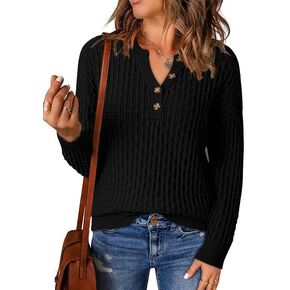 Dokotoo Womens Sweaters 2024 Casual Long Sleeve V Neck Textured Button Fall Sweater Loose Fit Pullover Jumper Tops