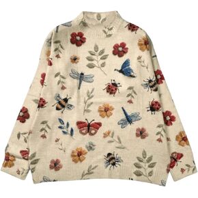 GORGLITTER Women's Floral Embroidery Knit Sweater Flower Crewneck Long Sleeve Fall Pullover Tops