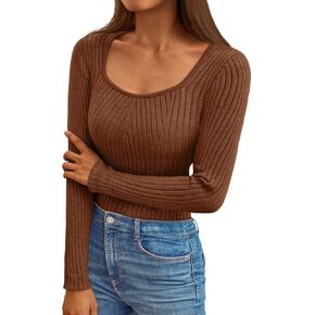 LILLUSORY Womens Sweaters Long Sleeve Square Neck Ribbed Knit Tops Slim fit Fall Clothes Fashion Outfits 2024