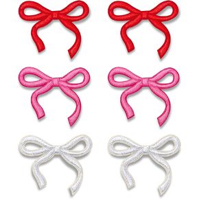 6pcs Bow Iron on Patches, White Pink Red Bow Patches for Jackets Hats Bags Clothing DIY, 2.75'' x 2.36''
