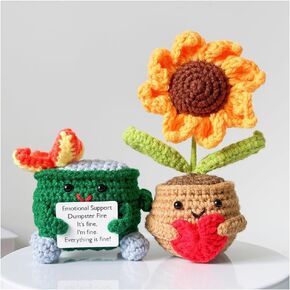 2PCS Crochet Dumpster Fire and Crochet Sunflower hold a Heart,Emotional Support Dumpster Fire,Crochet Sunflower,Cheer up Gift,Office Desk Decor,Livingroom Decor,Crochet Decorations,Gift for her