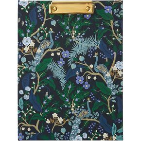 RIFLE PAPER CO. Clipfolio | Illustrated Hardcover and Contrasting Interior, Features Strong Gold Clip on The Front, Comes with Writing Pad with 50 Lined, Perforated Sheets, Peacock