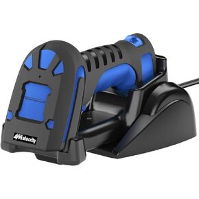 Alacrity Long Distance 1D 2D Industrial Barcode Scanner, Wireless Charging Cradle, 433Mhz Wireless & Bluetooth Barcode Reader, Shock Dust Proof Hands Free, Blue