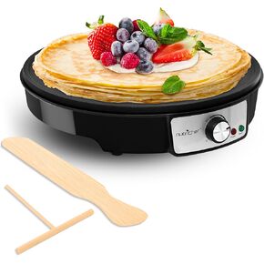 NutriChef Crepe Maker - Cooks Bacon, Roti, Tortillas & Omelets - Easy to Clean Detachable Cooktop - 12 inch Cook Area with Adjustable Temperature - Includes Wooden Spatula & Batter Spreader