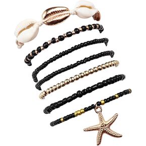Fuqimanman2020 Boho Shell Starfish Layered Beaded Stretch Bracelet Set for Women Colorful Bohemian Seashell Rice Bead Stackable Bracelets Summer Ocean Beach Vacation Jewelry Gift