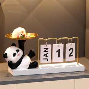 Flip Calendar for Desk, Cute Resin Panda Metal Perpetual Calendar with with Organizer Tray,Daily Desk Flip Calendar for Home Office Decor,Entrance Key Holder Candy Jewelry Earrings Tray