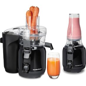 Hamilton Beach Juice & Blend 2-in-1 Juicer Machine and 20 oz. Blender, Big Mouth Large 3" Feed Chute for Whole Fruits and Vegetables, Easy to Clean, Centrifugal Extractor, 800W Motor, Black (67970)