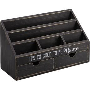 COLLECTIVE HOME - Vintage Wood Desk Organizer, Rustic Paper Storage, Mail Holder, File Sorter with 2 Drawers for Office Supplies, Desk Accessories -14.5 x 6 x 8.75 Inches - Black - IT'S SO GOOD TO BE HOME