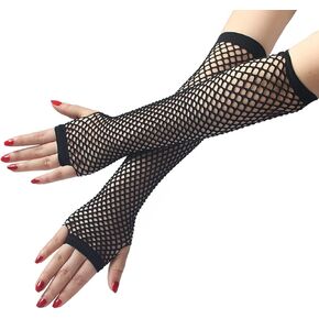 Dzrige Fingerless Fishnet Gloves Fishing Net Stretch Long Gloves Triangle Net Fingerless Gloves Women's Fingerless Mesh Gloves Fancy Dress Party Costume Accessories Supplies (Black)