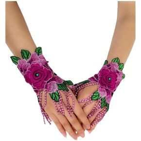 Specell Embroidery Flower Tassel Fingerless Gloves Tea Party Glove, Hand Purple Women's Short Tassel Gloves, Women's Purple Fingerless Gloves, Women's Fingerless Gloves, Purple Vintage Bridal Gloves.