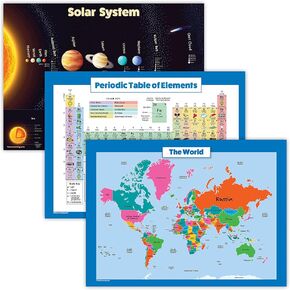 Palace Learning 3 Pack: Solar System + Periodic Table of the Elements + World Map for Kids - Set of 3 Educational Charts (LAMINATED, 18" x 24")