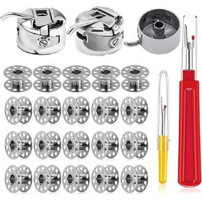 SialPro 2 Pcs Bobbin Case Holder Class 15 Front Loading Sewing Machines with 20 Pieces Metal Replacement Bobbins Spool, 2 Pack Seam Rippers Thread Cutter Eraser for Crafting, Silver