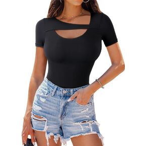 Women's Cutout Front Bodysuit Tops Sexy Thong Short Sleeve Body Suit Slim Fitted Going Out T shirts