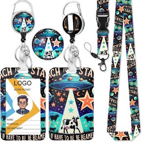 HASFINE UFO and Cow Badge Holder with Breakaway Lanyard & Retractable Badge Reel with Heavy Duty Carabiner，360°Rotation Clip & Key Ring,Funny ID Card Holder for Office Work,Teacher,Student