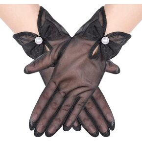 Women's Short Sheer Gloves Mesh Tulle Bow Pearl Gloves Wrist Length Wedding Opera Tea Party Gloves