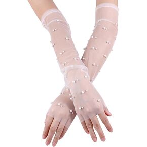 Bridal Lace Gloves Elegant Long Fingerless Gloves Women Tulle Gloves Wedding Gloves for Bride Elbow Length Mesh Sleeve for Wedding Costume Party (White)