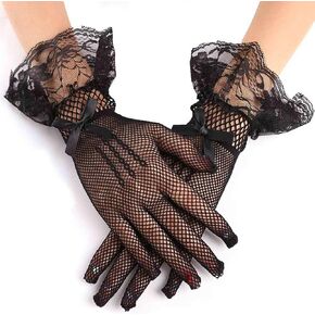 Casdre Short Lace Mesh Gloves Wrist Length Tea Party Gloves Halloween Cosplay Accessories for Women and Girls