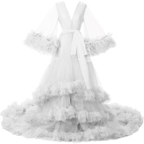 Women's Long Lingerie Tulle Bridal Robe Maternity Robe for Photoshoot Sexy Puffy Nightgown