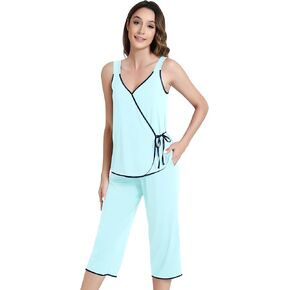 NACHILA Pajamas Set for Women-Viscose Made from Bamboo, Sleeveless Pjs Cool V Neck Sleepwear Soft Capri Pants Pajama Sets