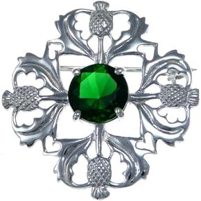 Alexander Castle 925 Sterling Silver Scottish Thistle Brooch Pin with Emerald CZ Stone & Jewelry Gift Box - Scottish Gift for Women