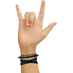Bold Black Leather Punk Bracelets (Pack of 3) - with Spikes, Chains & Adjustable Fit | Unisex Rocker Studded Wristbands - Perfect as Gifts and Accessories