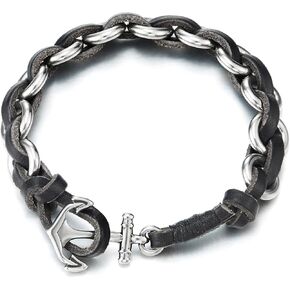 COOLSTEELANDBEYOND Marine Anchor Shackle Clasp, Steel Chain and Leather Braided Bracelet, Mens Women Bangle Wristband