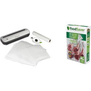 FoodSaver Space-Saving Vacuum Sealer with Bags and Roll, Silver & Vacuum Sealer Bags, Rolls for Custom Fit Airtight Food Storage and Sous Vide, 11" x 16' (Pack of 3)