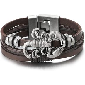 Mens Multi-Strand Leather Bangle Wrap Wristband Bracelet with Vintage Scorpion and Beads
