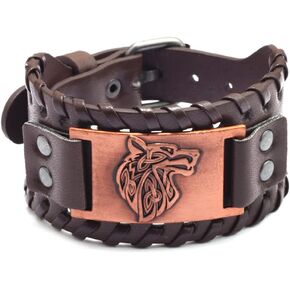 AZYOUNG Men's Black Brown PU Leather Cuff Bracelet Alloy Wolf Head Accessory Wide Leather Bangle Band