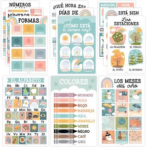 Hadley Designs 12 Boho Spanish Classroom Decorations-Elementary Posters In Spanish Alphabet, Abecedario Para Niños En Española