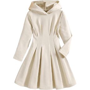 Floerns Girl's Solid Long Sleeve Hooded Dress Flare Hem Pleated Short Dresses