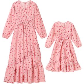 AWIBMK Mommy and Me Matching Dresses Floral Ruffled Hem Long Dress Fall Winter Strawberry Mom Daughter Matching Outfits