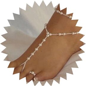 Andelaisi Boho Pearl Barefoot Sandals Chain White Pearl Toe Link Anklet Bracelet Vintage Pearl Toe Ring Chain Anklet Layered Pearl Ankle Bracelet Beach Foot Chain Jewelry for Women