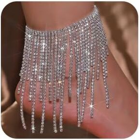 Sparkling Rhinestone Dangle Ankle Bracelets Silver Plated Tassel Anklets Bohemian Long Tassel Rhinestone Dangle Foot Chain High Heels Anklet Boot Chains for Women