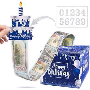 Birthday Money Pull Box for Cash Gift with DIY Self-Adhesive Stickers for Any Age, Happy Birthday Money Box for Cash Gift Pull Out Cake Card and 100Pcs Bags, Birthday Party Decor Ideas-Blue