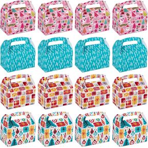 ARTLYMERS 16 Pack Christmas Treat Boxes, Gable Candy Boxes Party Favor, Gift Boxes for Cookie Dessert Goody Boxes with Handle, 4 Patterns