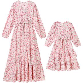 AWIBMK الأم وأنا فساتين متطابقة الأزهار تكدرت هيم فستان طويل خريف شتاء الفراولة أمي ابنة مطابقة وتتسابق in Kuwait