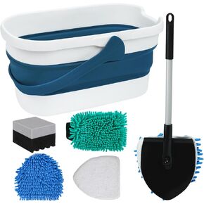 MAVRIZ Car Wash Kit with Bucket Portable Car Detailing Kit with Foldable Bucket, Chenille Wash Mitt, Tire Dressing Applicator Pad, Car Window Cleaning Tool with 2 Replacement Pads