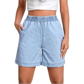 OYOANGLE Women's Elastic High Waist Straight Leg Denim Shorts Casual Jean Shorts with Pocket