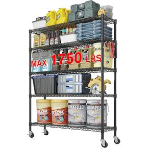 1750LBS Shelving Units and Storage, 5-Tier Adjustable Shelf Metal Organizer, Black Wire Rack with Wheels, 47" D x 18" W x 71" H, Large Capacity NSF Shelves