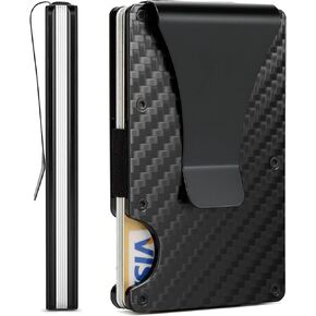 Wallet for Men, Slim Minimalist Carbon Fiber Wallet with Metal Money Clip/Cash Strap, RFID Blocking Aluminum Card Holder,Matte Carbon Fiber