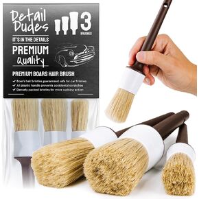 Detail Dudes Boars Hair Ultra Soft Car Detail Brushes - Set of 3 - Perfect for Washing Emblems Wheels Interior Upholstery Air Vents, NO Metal Brush Parts