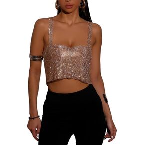 Women Rhinestones Tops Sexy Sparkly Crop Top Sleeveless Trendy Spaghetti Strap Tube Tank Top Rave Party Clubwear