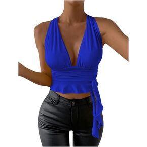 SOLY HUX Women's Sexy Deep V Neck Halter Crop Tops Going Out Irregular Ruffle Trim Tank Top