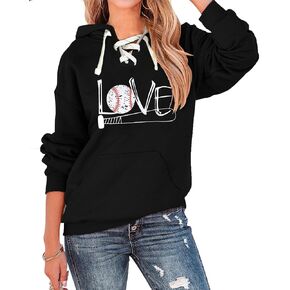 Womens Baseball Mom Hoodie Lace-up V Neck Long Sleeve Love Baseball Sweatshirts with Pocket