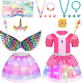 Toddlers Light Up Princess Dress Up Clothes for Little Girls 3-6, Unicorn & Peach Kids Dress Up Princess Costume with Tutu, Wing, Play Jewelry, Kid Pretend Play Princess Toys Gift for Girls Toddler