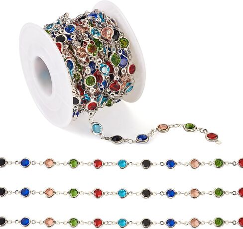Pandahall 16.4 Feet Crystal Rhinestone Chains Platinum Plated Handmade Brass Chains Colorful Glass Flat Round Link Chains for Bracelet Necklace Jewelry Making in Saudi Arabia