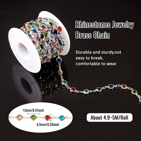 Pandahall 16.4 Feet Crystal Rhinestone Chains Platinum Plated Handmade Brass Chains Colorful Glass Flat Round Link Chains for Bracelet Necklace Jewelry Making in Saudi Arabia