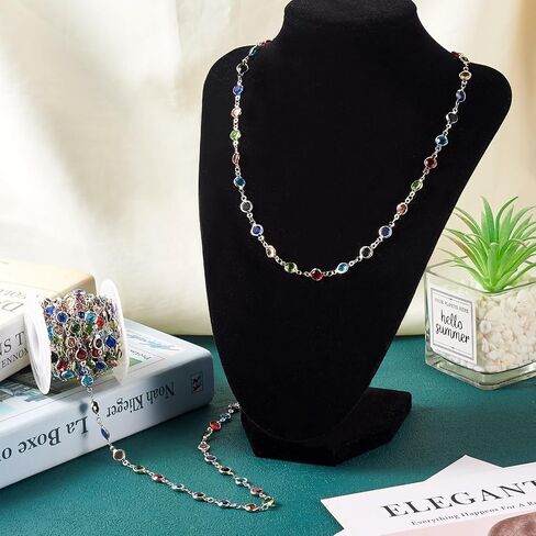 Pandahall 16.4 Feet Crystal Rhinestone Chains Platinum Plated Handmade Brass Chains Colorful Glass Flat Round Link Chains for Bracelet Necklace Jewelry Making in Saudi Arabia